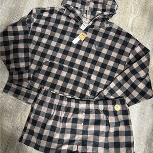 PINK Victoria's Secret Black and Tan Plaid Hooded Pajama Set